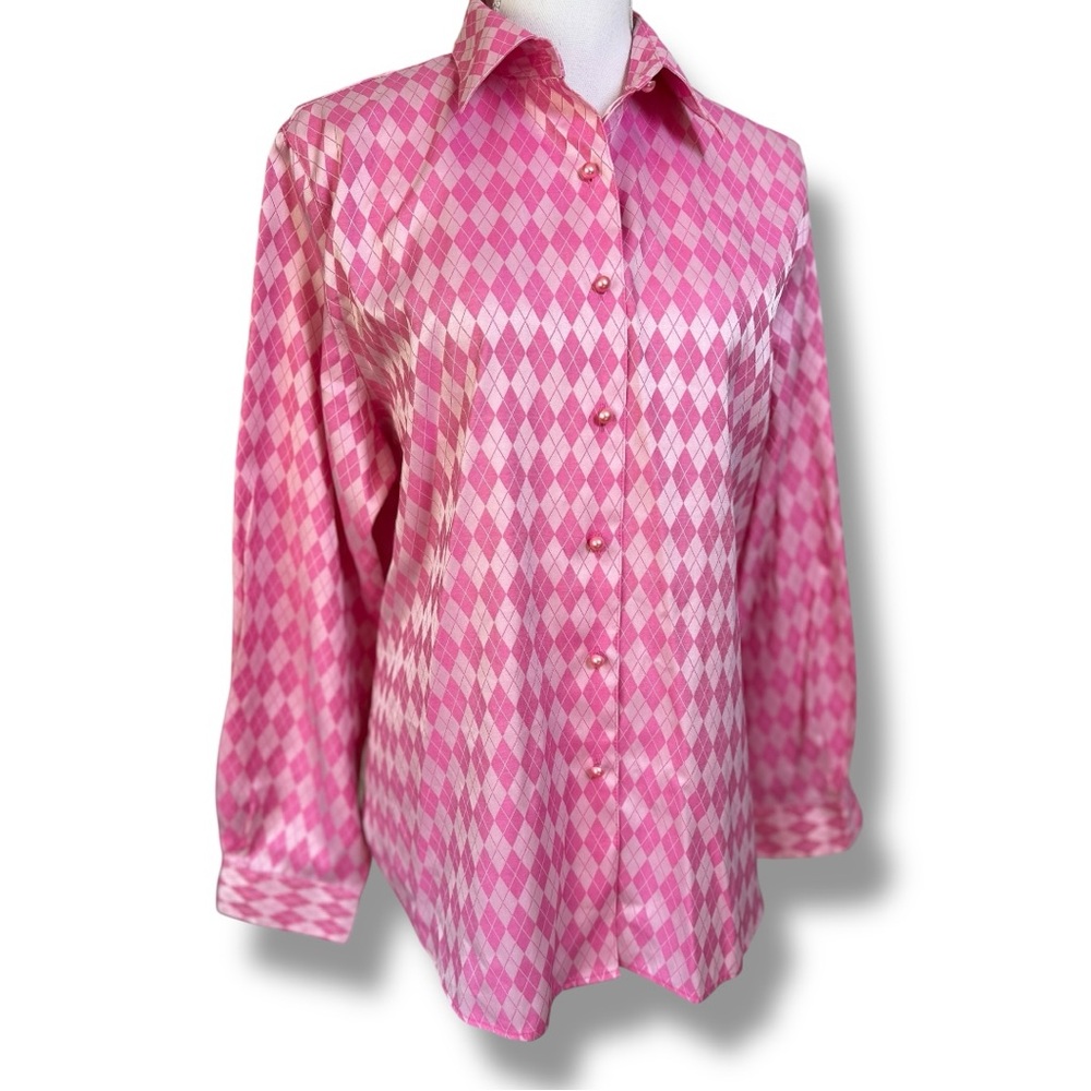 💕Foxcroft Wrinkle Free Shapefit Plus Sz. Pink Argyle Women's Button Down Sz 14